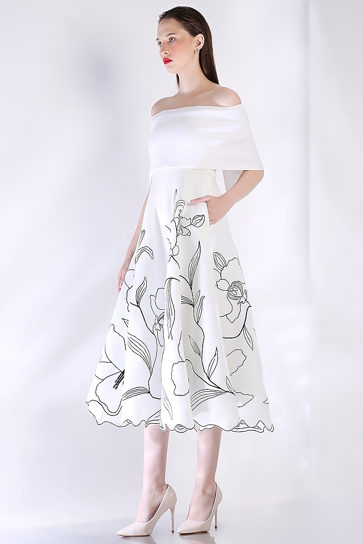 White Neoprene Floral Embroidered Vacation Dress With Wrap by OZEQO at Pernia's Pop Up Shop