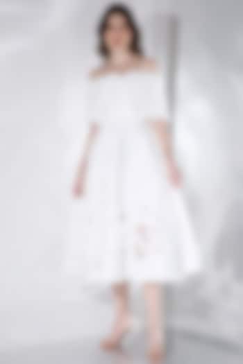 Off-White Neoprene Floral Cut-Out Midi Vacation Dress by OZEQO at Pernia's Pop Up Shop