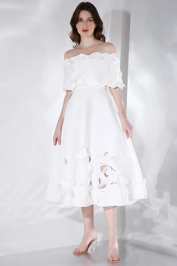 Off-White Neoprene Floral Cut-Out Midi Vacation Dress by OZEQO at Pernia's Pop Up Shop