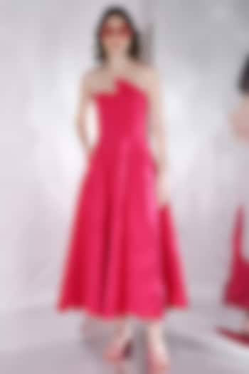 Hot Pink Neoprene Strapless Midi Summer Dress by OZEQO at Pernia's Pop Up Shop