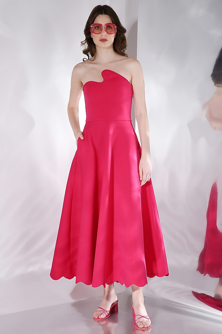 Hot Pink Neoprene Strapless Midi Summer Dress by OZEQO at Pernia's Pop Up Shop