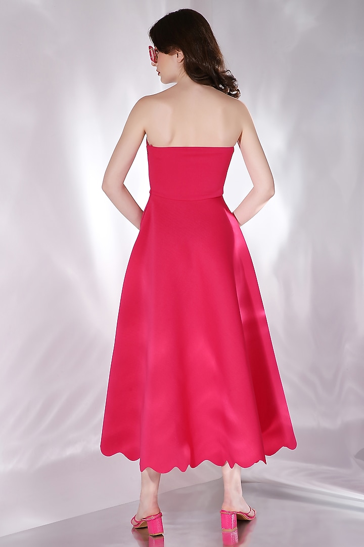Hot Pink Neoprene Strapless Midi Summer Dress by OZEQO at Pernia's Pop Up Shop