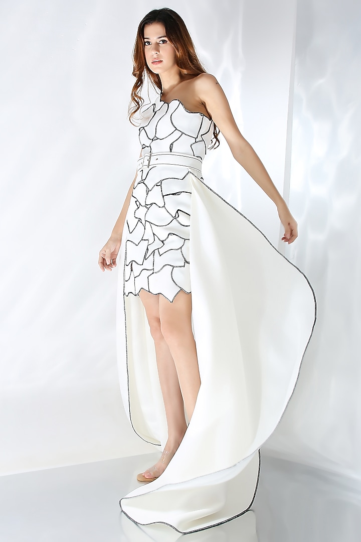 White Neoprene Asymmetric Patchwork Mini Vacation Dress With Trail by OZEQO at Pernia's Pop Up Shop