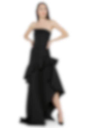 Black Neoprene Ruffled Maxi Vacation Dress by OZEQO at Pernia's Pop Up Shop