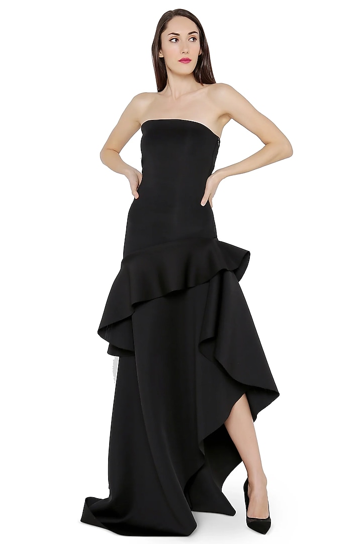 Black Neoprene Ruffled Maxi Vacation Dress by OZEQO at Pernia's Pop Up Shop