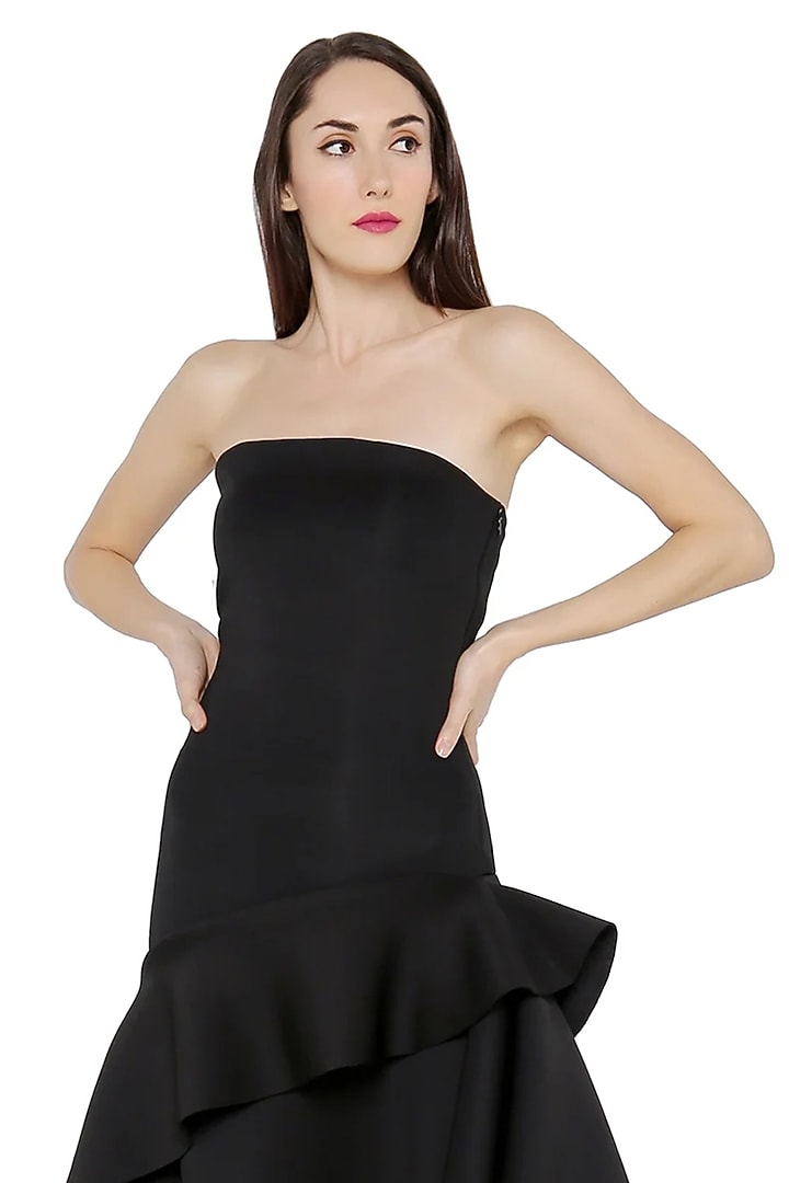 Black Neoprene Ruffled Maxi Vacation Dress by OZEQO at Pernia's Pop Up Shop