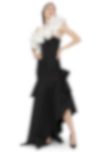 Black Neoprene Ruffled Maxi Vacation Dress With Wrap by OZEQO at Pernia's Pop Up Shop