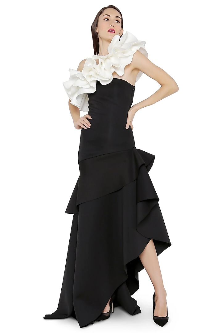 Black Neoprene Ruffled Maxi Vacation Dress With Wrap by OZEQO at Pernia's Pop Up Shop