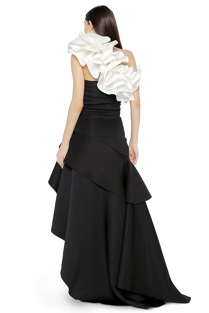Black Neoprene Ruffled Maxi Vacation Dress With Wrap by OZEQO at Pernia's Pop Up Shop