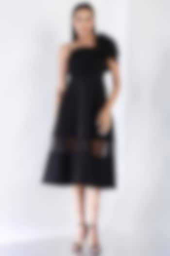 Black Neoprene Strapless Midi Vacation Dress With Wrap by OZEQO at Pernia's Pop Up Shop