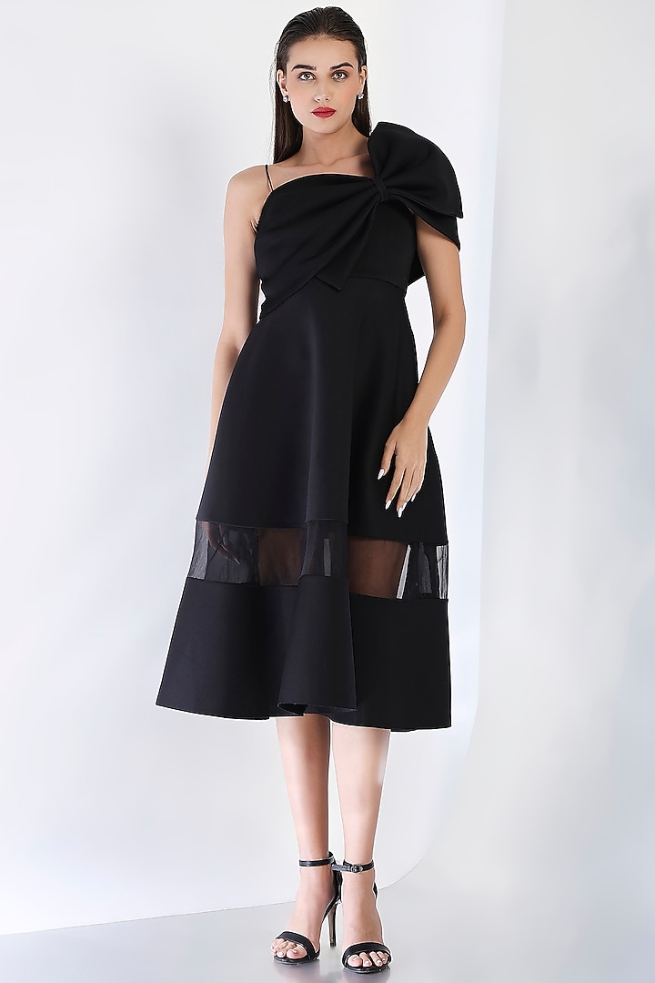 Black Neoprene Strapless Midi Vacation Dress With Wrap by OZEQO at Pernia's Pop Up Shop