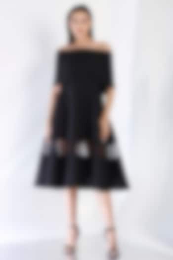 Black Neoprene Strapless Paneled Midi Summer Dress With Wrap by OZEQO at Pernia's Pop Up Shop