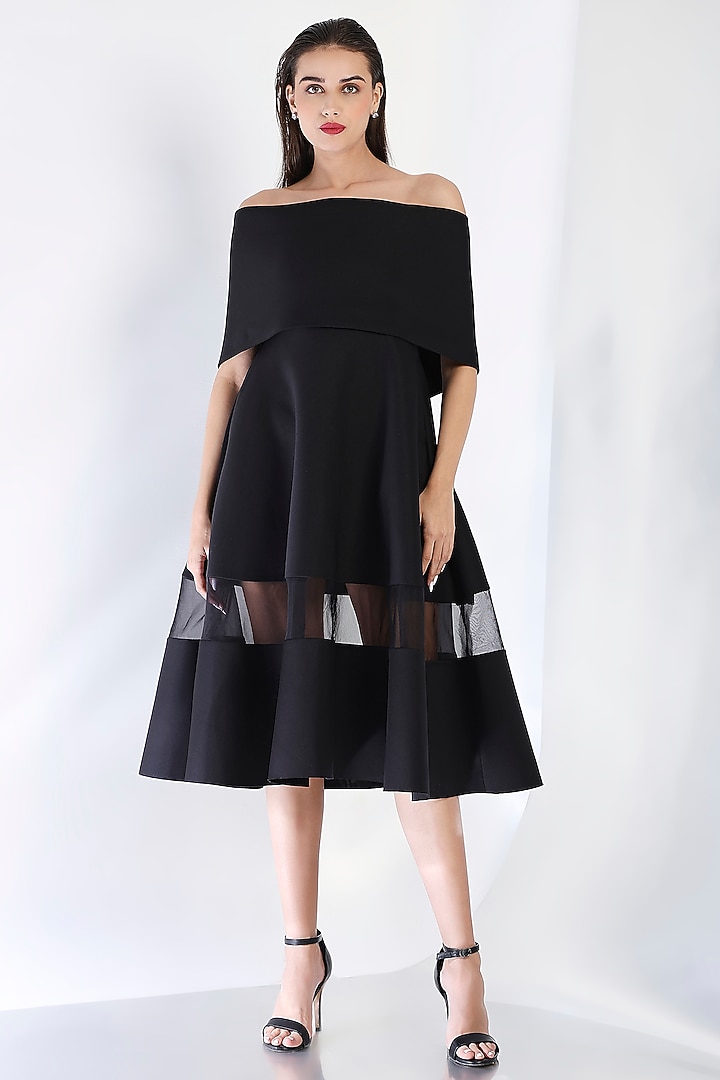 Black Neoprene Strapless Paneled Midi Summer Dress With Wrap by OZEQO at Pernia's Pop Up Shop
