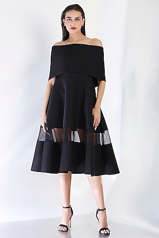 Black Neoprene Strapless Paneled Midi Dress With Wrap by OZEQO