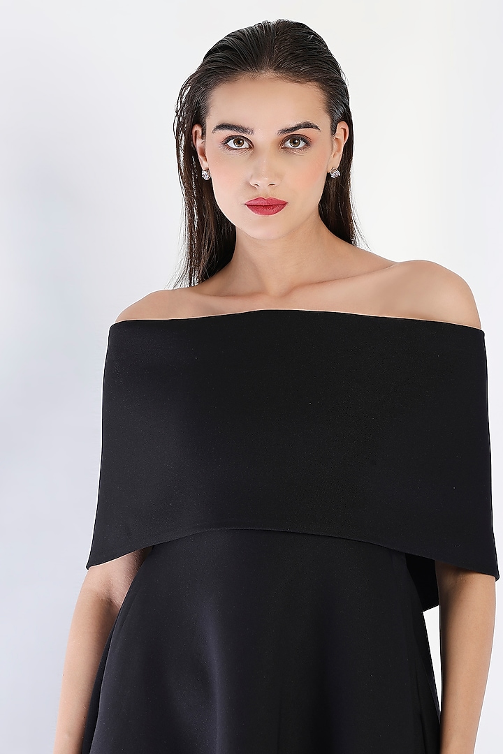 Black Neoprene Strapless Paneled Midi Summer Dress With Wrap by OZEQO at Pernia's Pop Up Shop