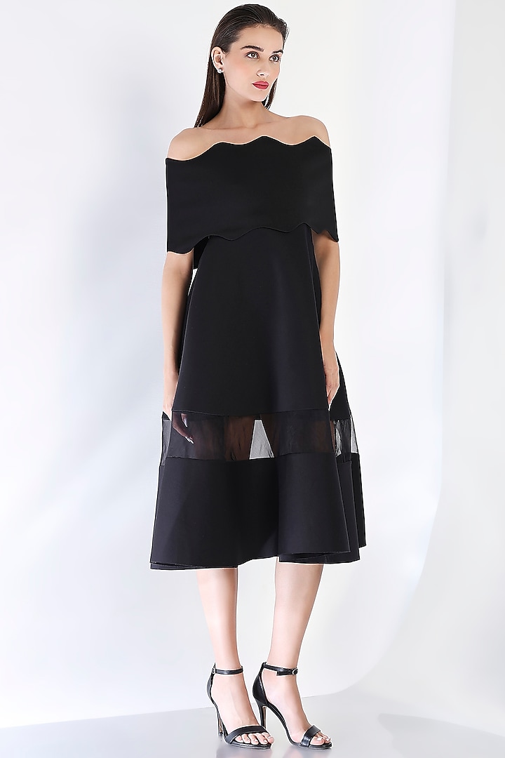 Black Neoprene Strapless Paneled Midi Vacation Dress With Wave Wrap by OZEQO at Pernia's Pop Up Shop