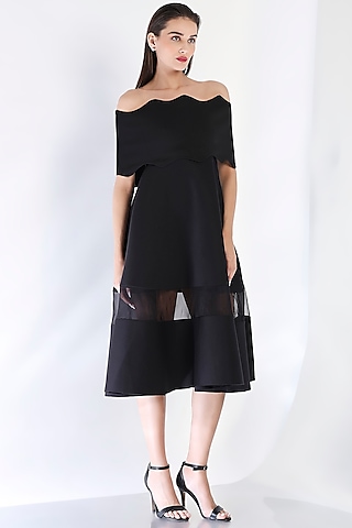 Black Neoprene Strapless Paneled Midi Dress With Wave Wrap by OZEQO