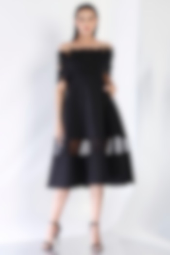 Black Neoprene Strapless Paneled Midi Vacation Dress With Cut-Out Wrap by OZEQO at Pernia's Pop Up Shop