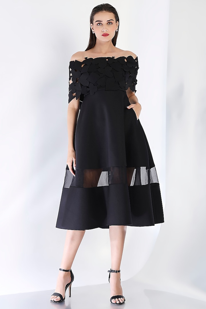 Black Neoprene Strapless Paneled Midi Vacation Dress With Cut-Out Wrap by OZEQO at Pernia's Pop Up Shop