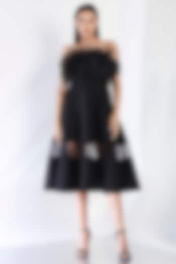 Black Neoprene Strapless Paneled Midi Vacation Dress With Feather Wrap by OZEQO at Pernia's Pop Up Shop