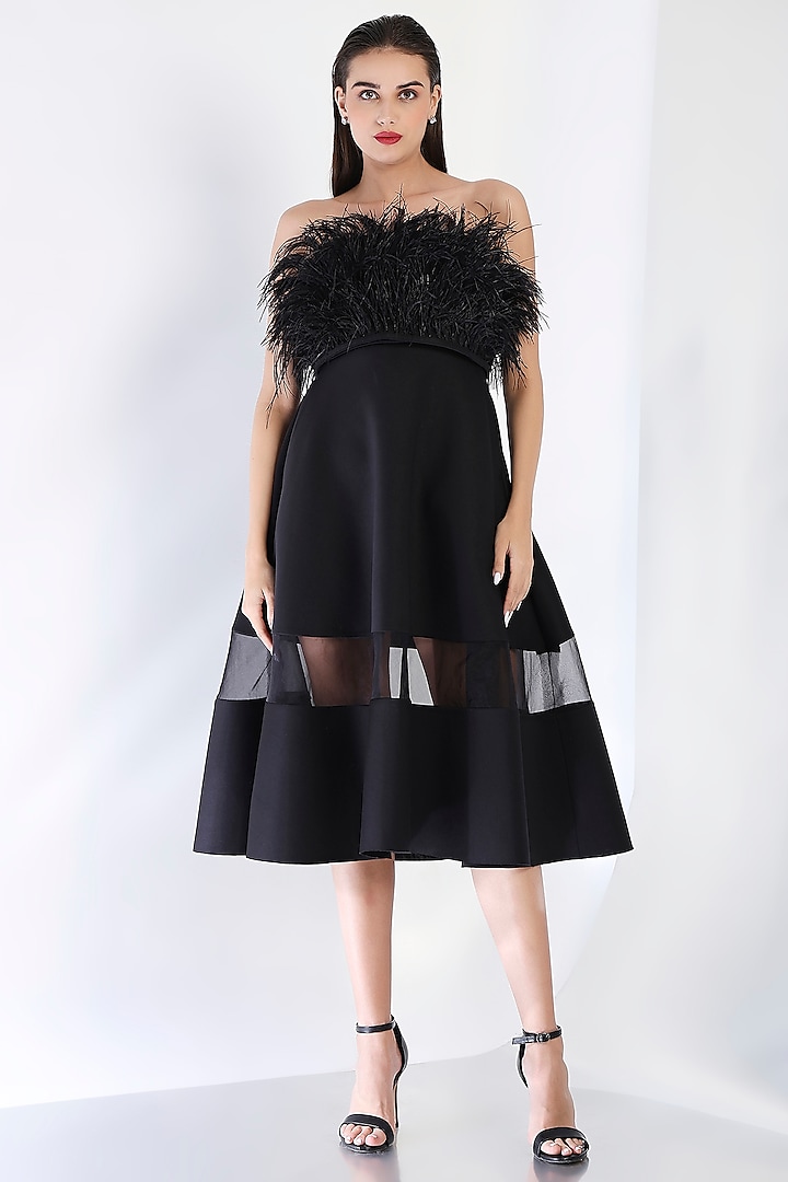 Black Neoprene Strapless Paneled Midi Vacation Dress With Feather Wrap by OZEQO at Pernia's Pop Up Shop