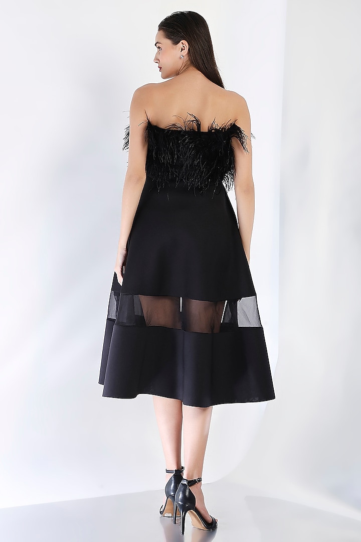 Black Neoprene Strapless Paneled Midi Vacation Dress With Feather Wrap by OZEQO at Pernia's Pop Up Shop