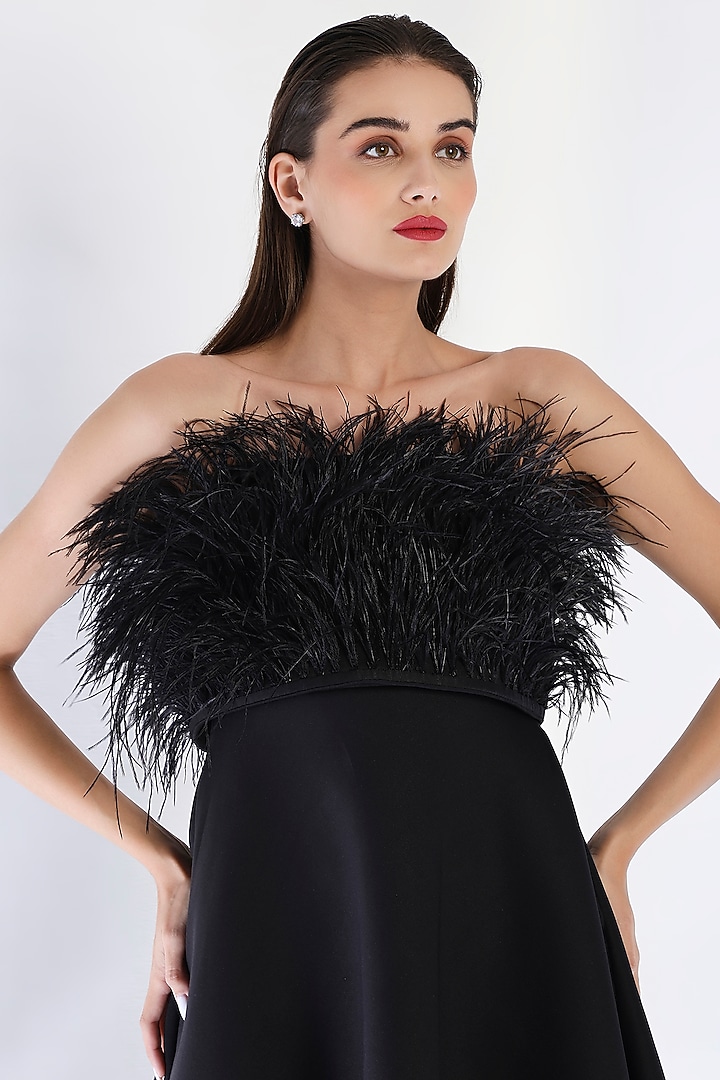 Black Neoprene Strapless Paneled Midi Vacation Dress With Feather Wrap by OZEQO at Pernia's Pop Up Shop
