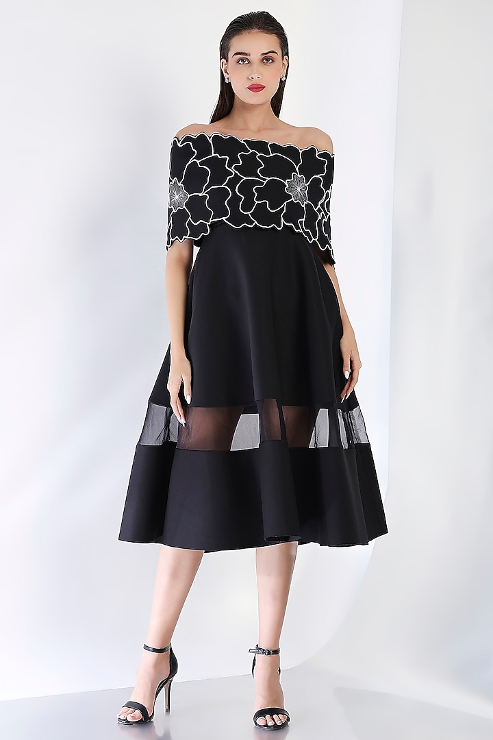 Black Neoprene Strapless Paneled Midi Vacation Dress With Embroidered Wrap by OZEQO at Pernia's Pop Up Shop