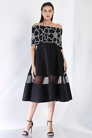 Black Neoprene Strapless Paneled Midi Dress With Embroidered Wrap by OZEQO