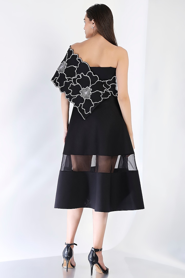 Black Neoprene Strapless Paneled Midi Vacation Dress With Embroidered Wrap by OZEQO at Pernia's Pop Up Shop
