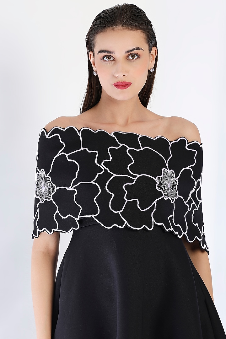 Black Neoprene Strapless Paneled Midi Vacation Dress With Embroidered Wrap by OZEQO at Pernia's Pop Up Shop