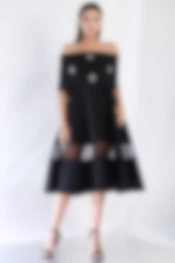 Black Neoprene Strapless Paneled Midi Vacation Dress With Embellished Wrap by OZEQO at Pernia's Pop Up Shop