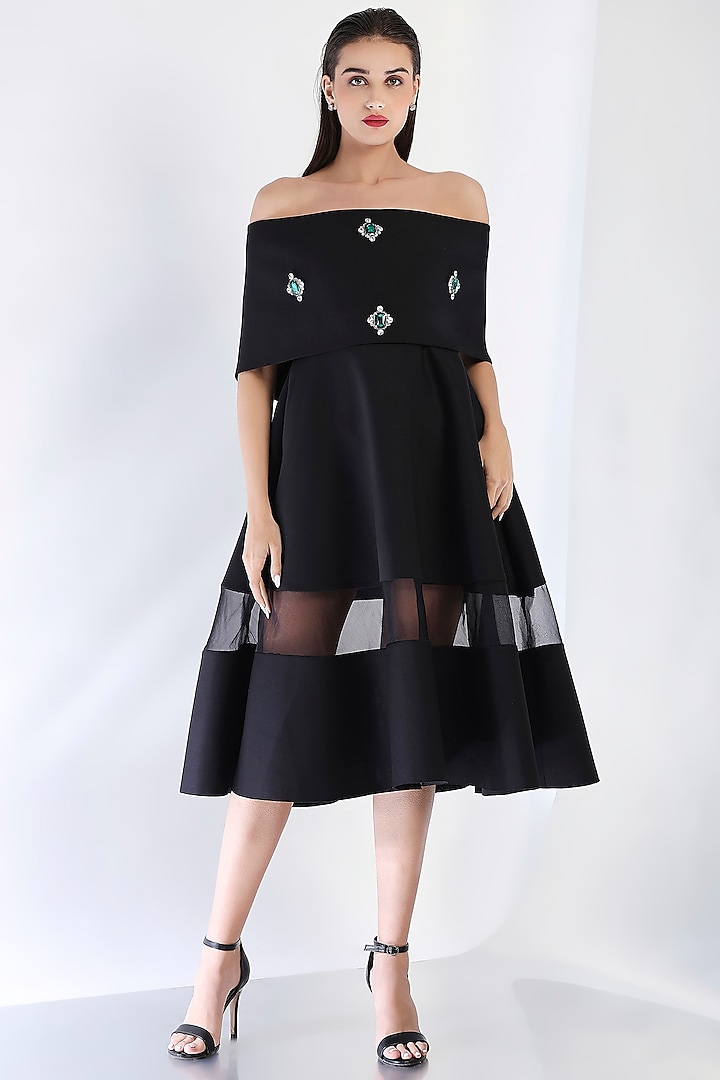 Black Neoprene Strapless Paneled Midi Vacation Dress With Embellished Wrap by OZEQO at Pernia's Pop Up Shop