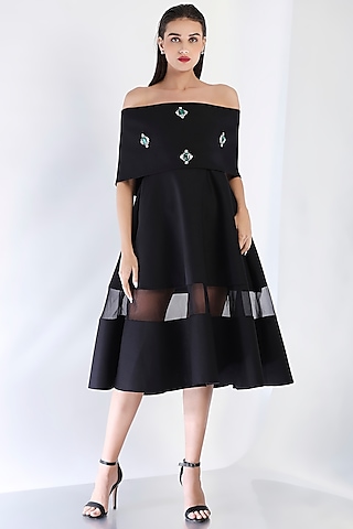 Black Neoprene Strapless Paneled Midi Dress With Embellished Wrap by OZEQO