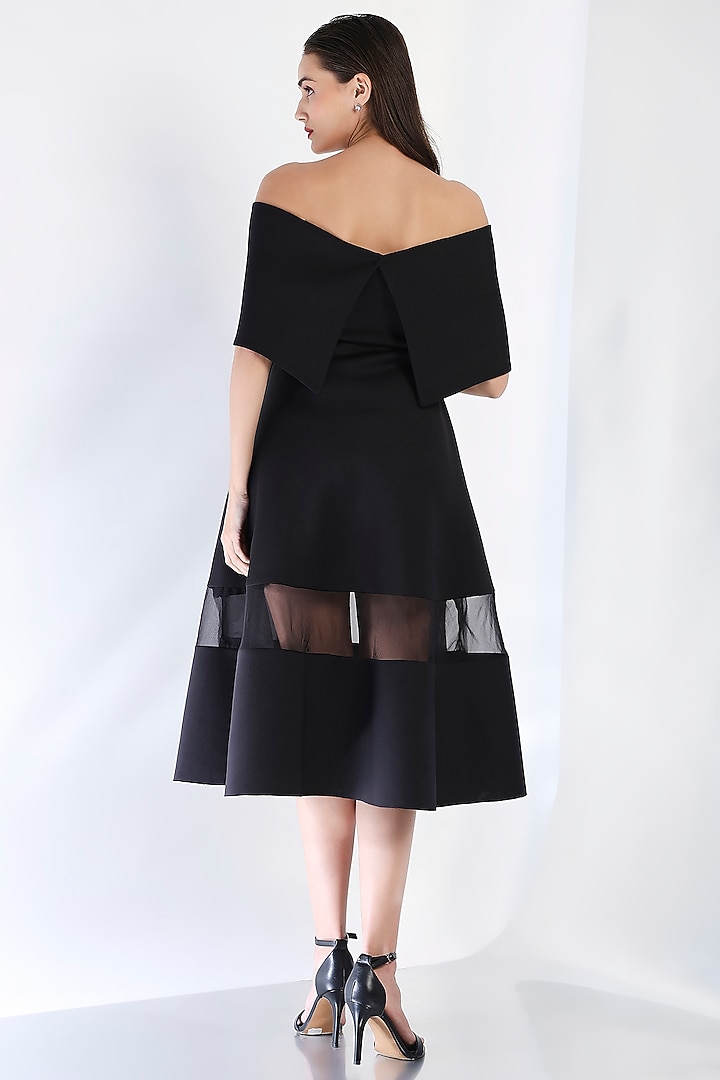 Black Neoprene Strapless Paneled Midi Vacation Dress With Embellished Wrap by OZEQO at Pernia's Pop Up Shop