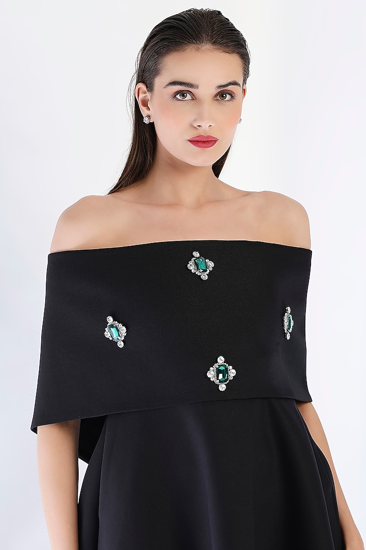 Black Neoprene Strapless Paneled Midi Vacation Dress With Embellished Wrap by OZEQO at Pernia's Pop Up Shop