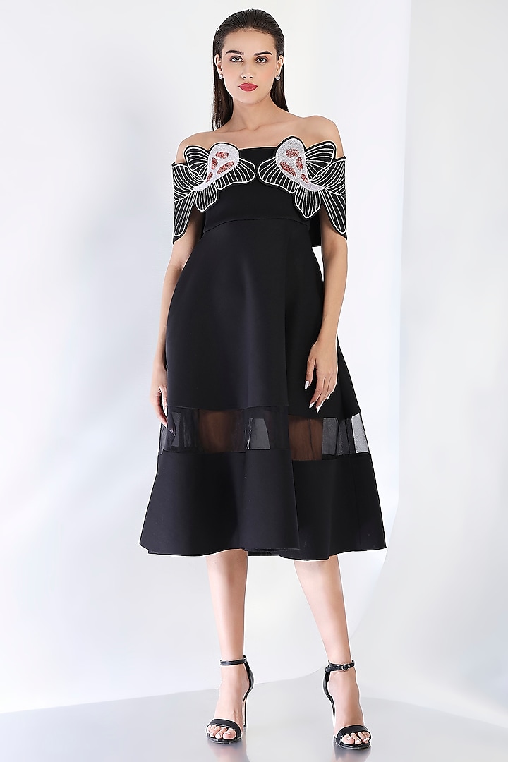 Black Neoprene Strapless Paneled Midi Vacation Dress With Embroidered Wrap by OZEQO at Pernia's Pop Up Shop