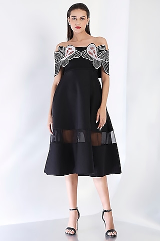 Black Neoprene Strapless Paneled Midi Dress With Embroidered Wrap by OZEQO