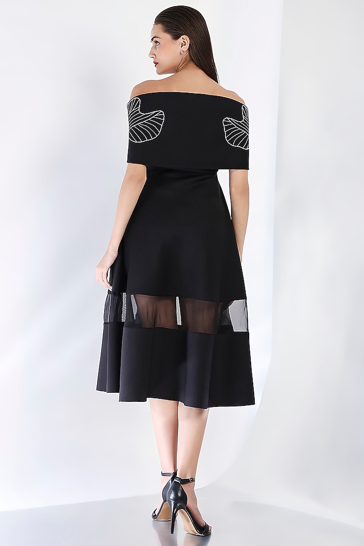 Black Neoprene Strapless Paneled Midi Vacation Dress With Embroidered Wrap by OZEQO at Pernia's Pop Up Shop
