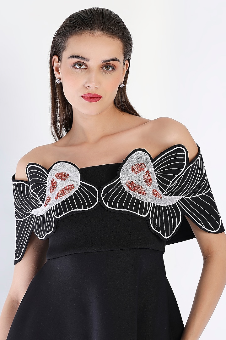 Black Neoprene Strapless Paneled Midi Vacation Dress With Embroidered Wrap by OZEQO at Pernia's Pop Up Shop