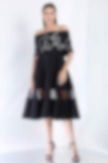 Black Neoprene Strapless Paneled Midi Vacation Dress With Embroidered Wrap by OZEQO at Pernia's Pop Up Shop