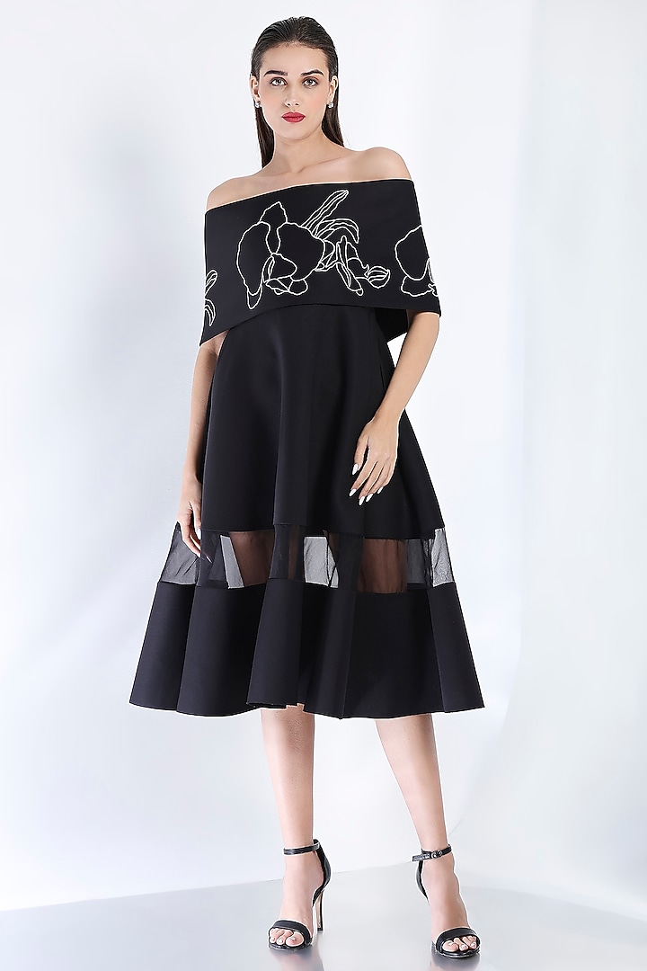 Black Neoprene Strapless Paneled Midi Vacation Dress With Embroidered Wrap by OZEQO at Pernia's Pop Up Shop