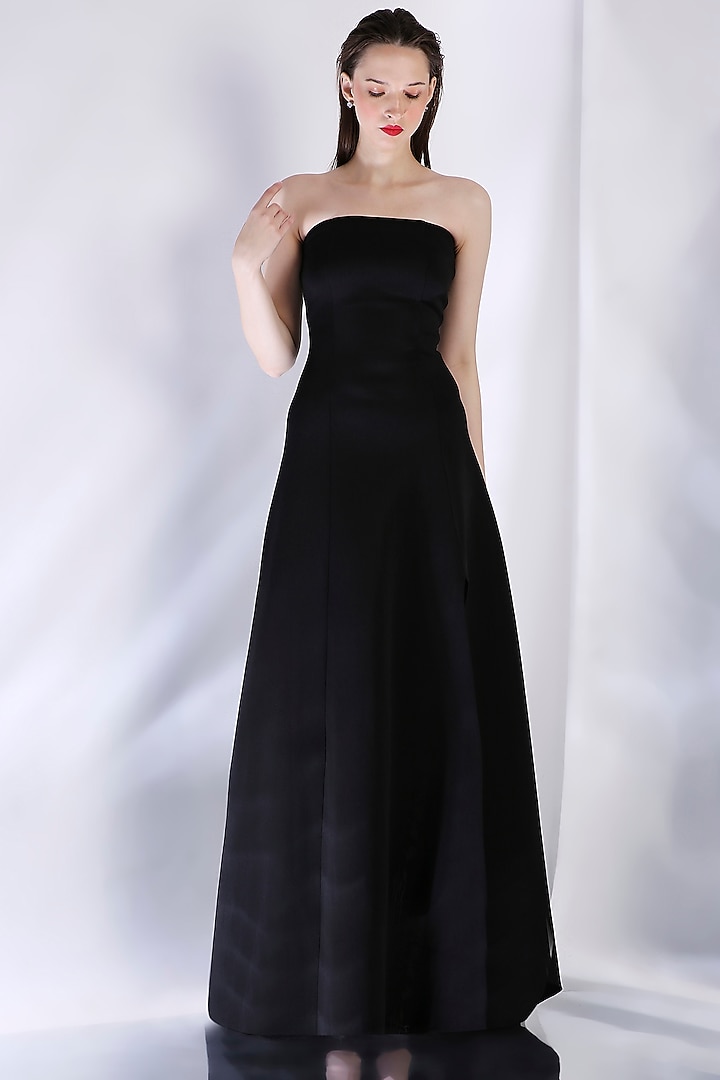 Black Neoprene Strapless Slit Maxi Vacation Dress by OZEQO at Pernia's Pop Up Shop