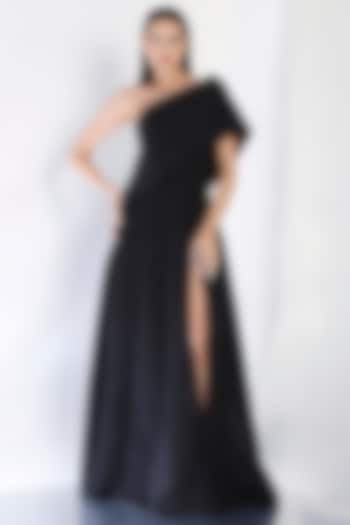 Black Neoprene Strapless Slit Maxi Vacation Dress With Wrap by OZEQO at Pernia's Pop Up Shop