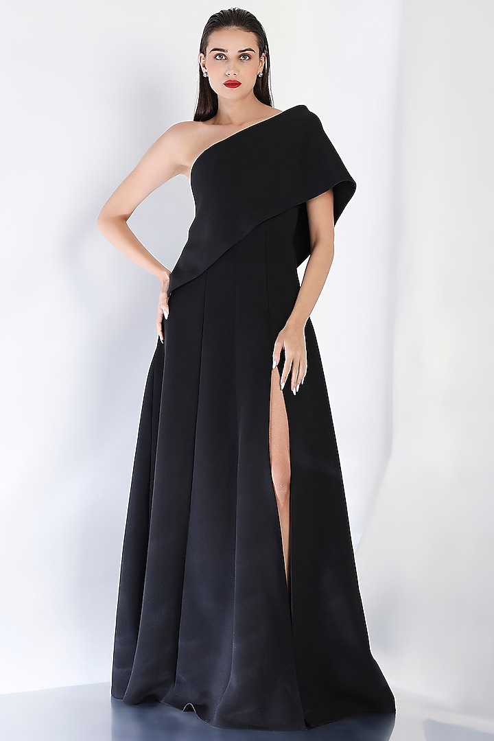 Black Neoprene Strapless Slit Maxi Vacation Dress With Wrap by OZEQO at Pernia's Pop Up Shop