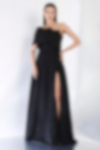 Black Neoprene Strapless Slit Maxi Vacation Dress With Wave Wrap by OZEQO at Pernia's Pop Up Shop