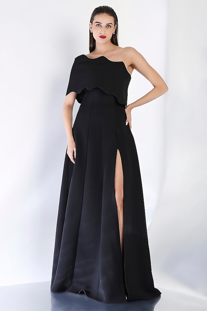 Black Neoprene Strapless Slit Maxi Vacation Dress With Wave Wrap by OZEQO at Pernia's Pop Up Shop