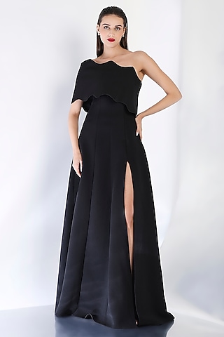 Black Neoprene Strapless Slit Maxi Dress With Wave Wrap by OZEQO