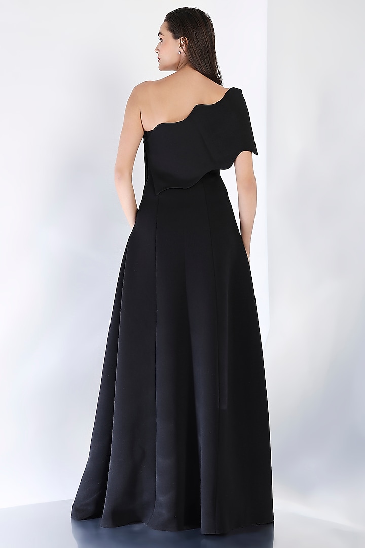 Black Neoprene Strapless Slit Maxi Vacation Dress With Wave Wrap by OZEQO at Pernia's Pop Up Shop