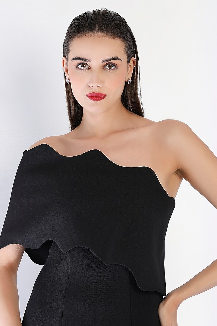 Black Neoprene Strapless Slit Maxi Vacation Dress With Wave Wrap by OZEQO at Pernia's Pop Up Shop